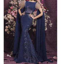Load image into Gallery viewer, navy blue prom dresses long sleeve 2020 lace appliques mermaid beaded crystal navy evening dresses gowns vestido de noche