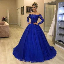Load image into Gallery viewer, royal blue prom dresses 2020 long sleeve detachable skirt ball gown lace evening dresses arabic formal dresses