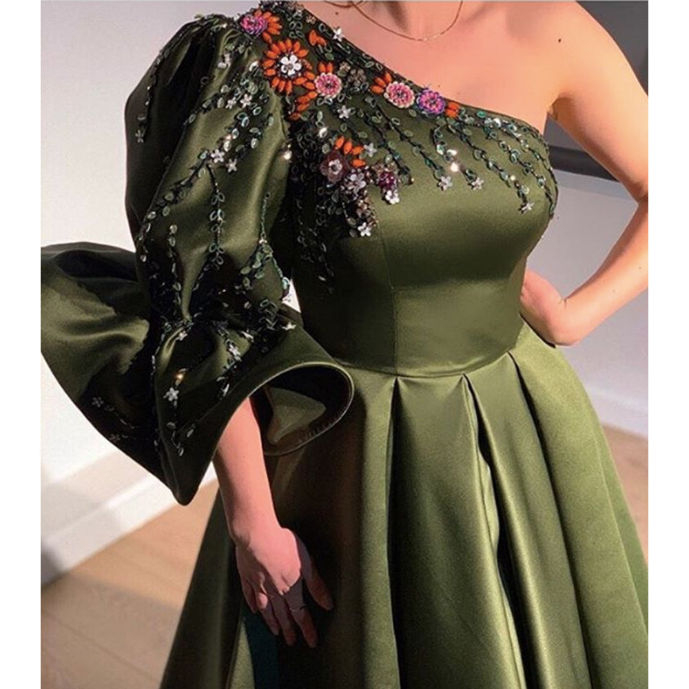 green prom dresses one shoulder long sleeve beading sequins long sleeve crystal evening dresses party dresses