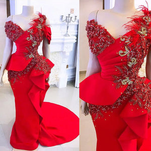 red prom dresses 2020 v neck pleats lace appliques beading feather mermaid ruffle satin court train evening dresses