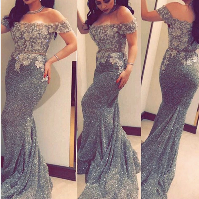 sequins prom dresses 2020 off the shoulder hand made flowers mermaid sparkly mermaid formal dresses evening dresses