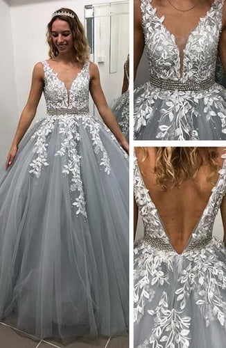 grey prom dresses 2021 deep v neck lace appliques tulle long a line formal dresses evening dresses gowns