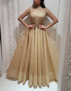 shinning prom dresses 2021 high neck long sleeve a line sequins sparkly long evening dresses gowns gold