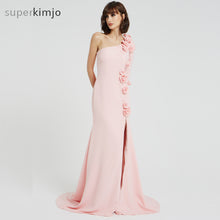 Load image into Gallery viewer, pink prom dresses 2020 one shoulder hand made flowers side slit 3d flowers mermaid evening dresses formal dress