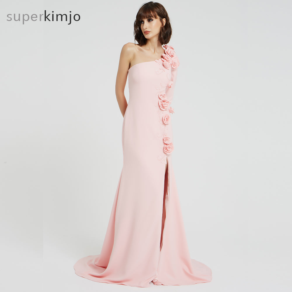pink prom dresses 2020 one shoulder hand made flowers side slit 3d flowers mermaid evening dresses formal dress