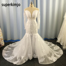 Load image into Gallery viewer, mermaid wedding dresses 2020 lace appliques pearls long sleeve vintage bridal dresses long