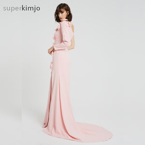 pink prom dresses 2020 one shoulder hand made flowers side slit 3d flowers mermaid evening dresses formal dress