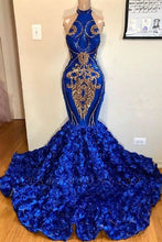 Load image into Gallery viewer, royal blue prom dresses sequins beading sequins mermaid hand made flowers mermaid evening dresses sparkly