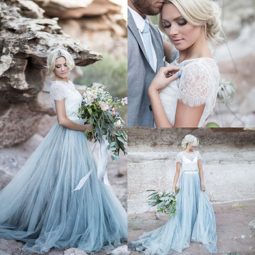 2020 Fairy Beach Boho Lace Wedding Dresses High-Neck A Line Soft Tulle Cap Sleeves Backless Light Blue Skirts Plus Size Bohemian Bridal Gown