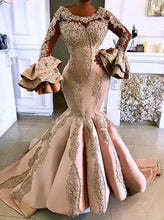 Load image into Gallery viewer, champagne prom dresses 2021 long sleeve lace appliques mermaid ruffle lace beading pearls long evening dresses gowns