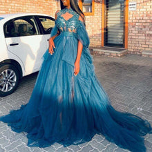 Load image into Gallery viewer, blue prom dresses 2021 high neck lace appliques a line tulle floor length long sleeve a line long evening dresses gowns