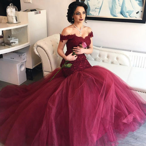 2020 Burgundy Mermaid Prom Dresses Aso Ebi Off Shoulders Sweetheart Lace Bodice Tulle Long Backless Evening Gowns Sweep Train