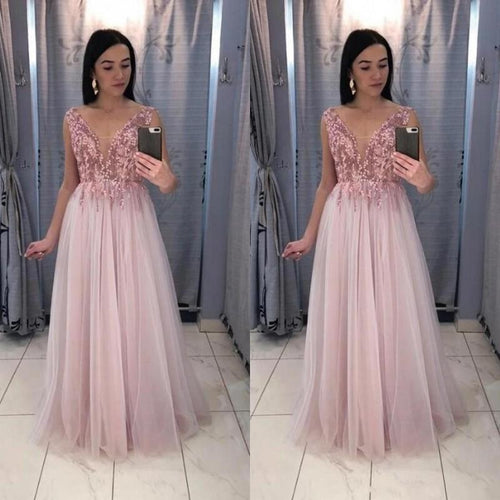 2020 Generous A Line Lace Appliques V Neck Long Pink Prom Party Dress Tulle Sleeveless Formal Evening Party Gowns