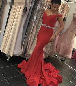 2020 glaring Red Boat Neck Off The Shoulder v neck Court Train Satin Crystal Beaded Sash Prom Dresses Red Mermaid Party Gowns evening gowns