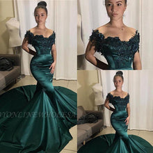 Load image into Gallery viewer, 2020 Gorgeous Appliques Cap Sleeves Dark Green Prom Dresses Mermaid African Girls Evening Gowns Women Formal Long Party Dresses
