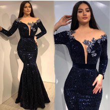Load image into Gallery viewer, sparkly prom dresses 2021 sheer crew neckline long sleeve lace appliques sequins navy evening dresses