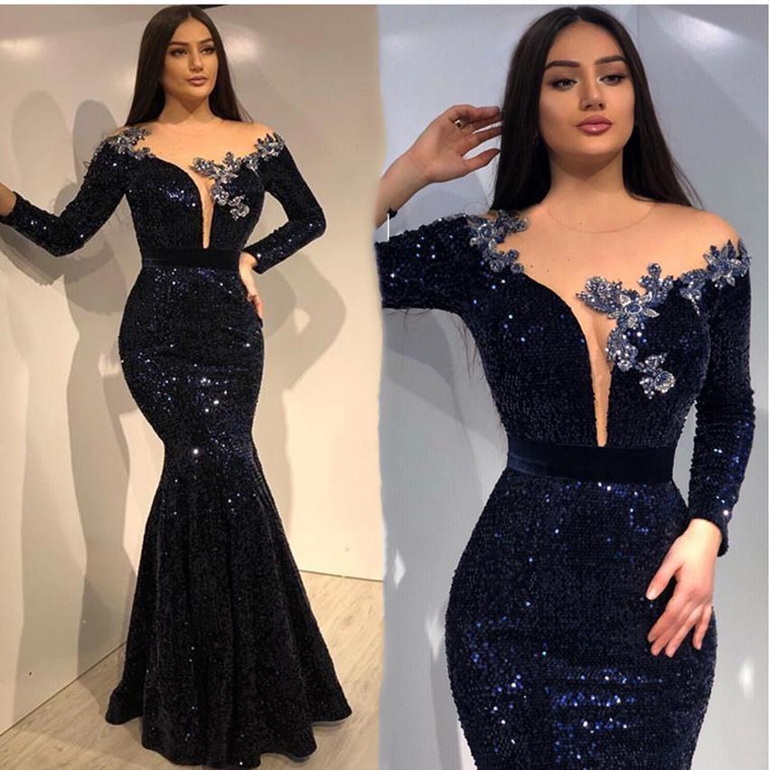 sparkly prom dresses 2021 sheer crew neckline long sleeve lace appliques sequins navy evening dresses