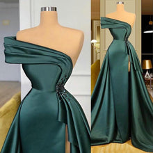 Load image into Gallery viewer, green prom dresses asymmetrical neckline side slit detachable skirt satin long evening dresses gowns