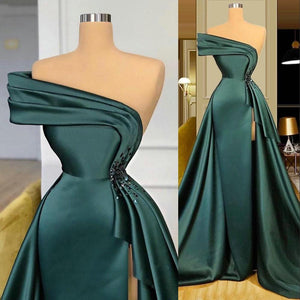 green prom dresses asymmetrical neckline side slit detachable skirt satin long evening dresses gowns