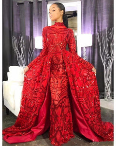 red prom dresses 2021 high neck detachable skirt lace appliques sequins floor length long evening dresses gowns