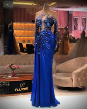 Load image into Gallery viewer, 2023 Plus Size Arabic Aso Ebi Royal Blue Luxurious Prom Dresses Beaded Crystals Sheer Neck Evening Formal Party Second Reception Gowns Dress