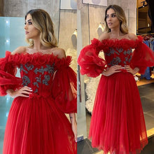 Load image into Gallery viewer, red prom dresses 2021 off the shoulder long sleeve a line floor length evening dresses gowns
