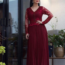 Load image into Gallery viewer, deep red prom dresses 2020 lace wine red pleats long sleeve evening dresses