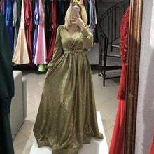 Load image into Gallery viewer, gold prom dresses 2021 sequins long sleeve pleats ball gown floor length long evening dresses gowns