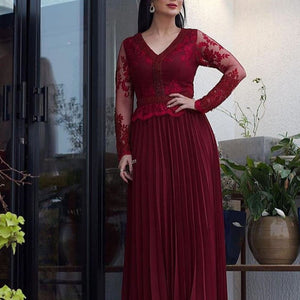 deep red prom dresses 2020 lace wine red pleats long sleeve evening dresses