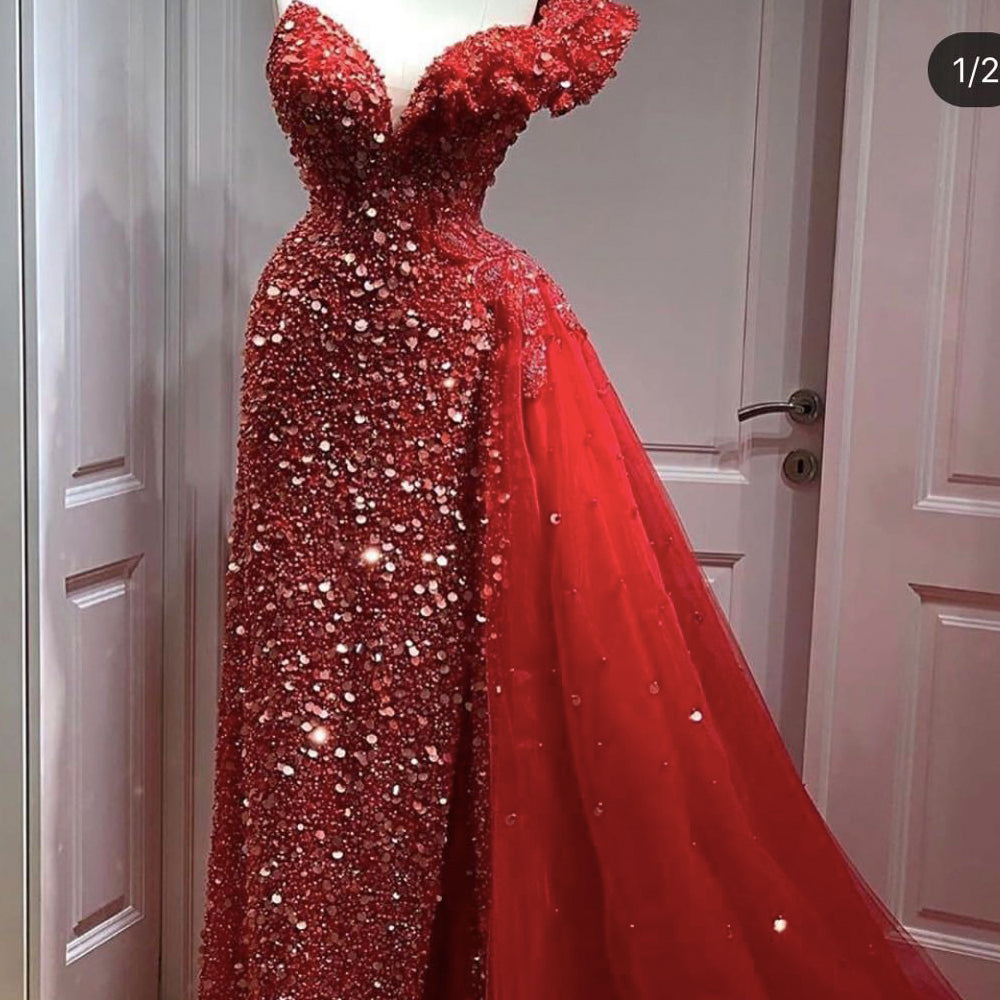 red prom dresses 2020 sparkly detachable skirt lace appliques sweetheart shinning mermaid long evening dresses gowns