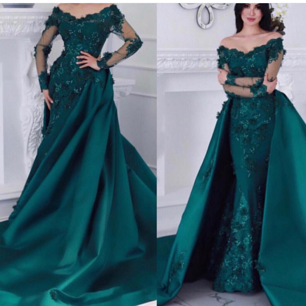 green prom dresses 2020 v neck long sleeve detachable train mermaid lace flowers appliques evening dresses gowns robe soiree