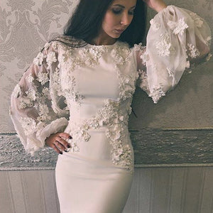 lace prom dresses 2020 crew neckline long sleeve sheath evening dresses formal dresses party dress arabic white evening gowns
