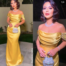 Load image into Gallery viewer, satin prom dresses 2020 pleats short sleeve mermaid yellow evening dresses long