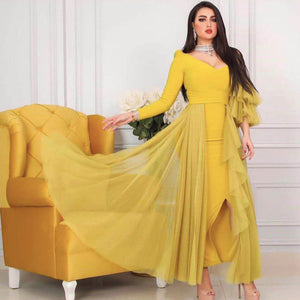 yellow prom dresses 2020 v neck long sleeve ruffle sashes front slit cotton satin evening dresses arabic party dresses