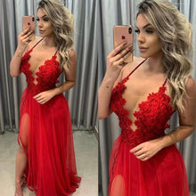 Load image into Gallery viewer, red prom dresses 2020 spaghetti neckline side slit red tulle floor length lace evening dresses gowns