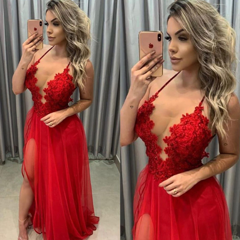 red prom dresses 2020 spaghetti neckline side slit red tulle floor length lace evening dresses gowns