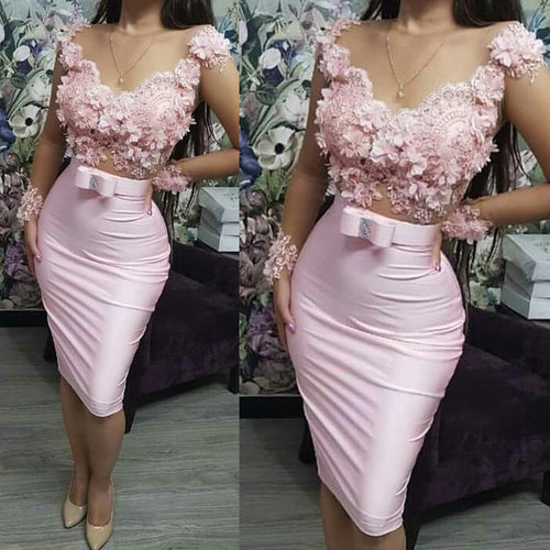 pink prom dresses 2020 v neck lace appliques hand made flowers sheath knee length homecoming dresses cocktail dresses