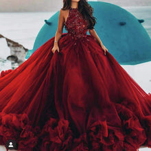 Load image into Gallery viewer, red prom dresses 2020 beading lace flowers ball gown evening dresses puffy flowers evening dresses beading evening dresses arabic party dresses