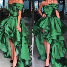 Load image into Gallery viewer, green prom dresses 2020 off the shoulder high front and low back satin ruffle satin evening dresses gowns