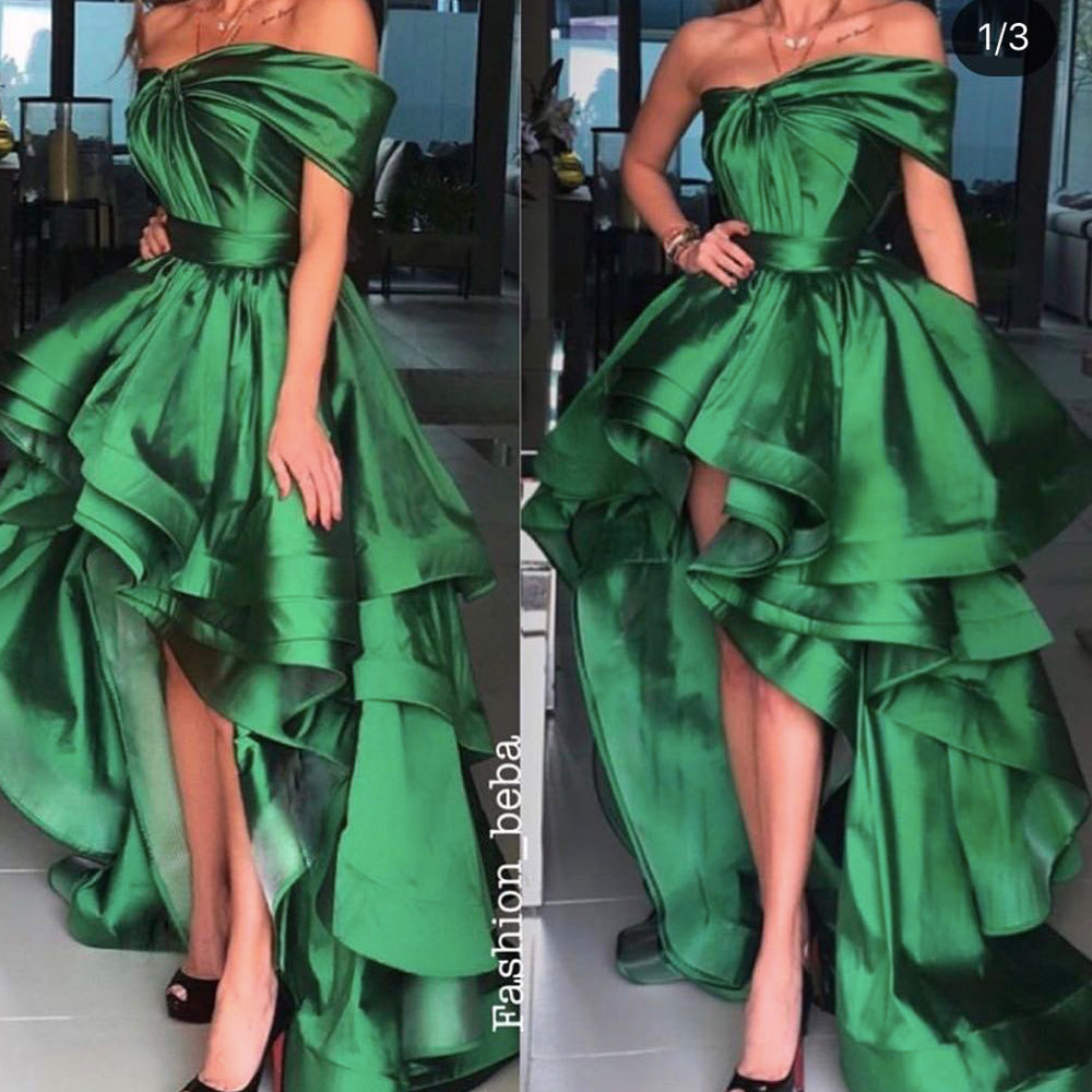 green prom dresses 2020 off the shoulder high front and low back satin ruffle satin evening dresses gowns