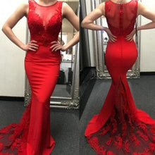 Load image into Gallery viewer, lace prom dresses 2020 crew neckline mermaid satin red evening dresses gowns vestidos de fiesta de noche