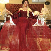 Load image into Gallery viewer, red prom dresses 2020 sweetheart neckline long sleeve sparkly sequins a line tulle long evening dresses