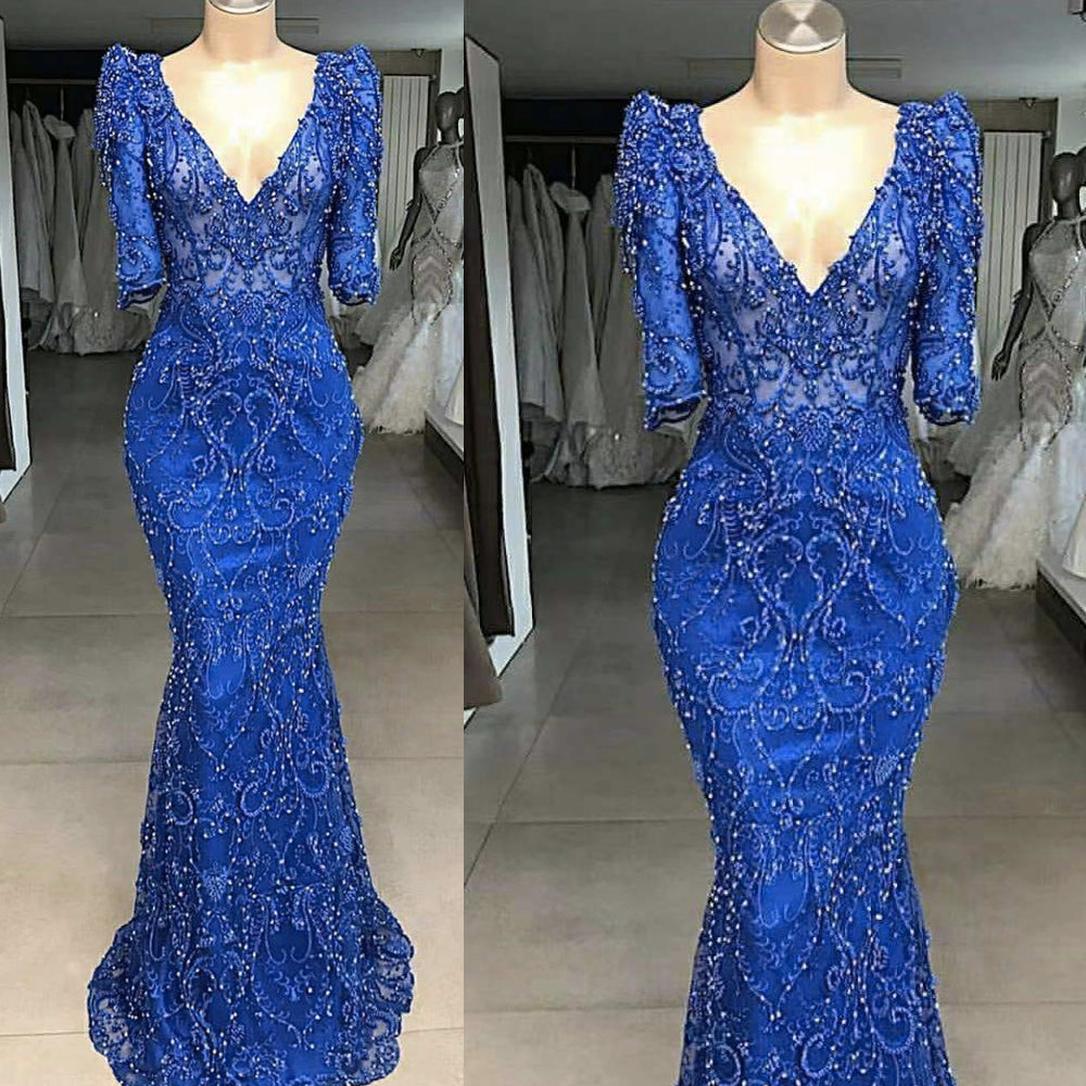royal blue prom dresses 2021 v neck short sleeve lace appliques beading pearls long evening dresses gowns