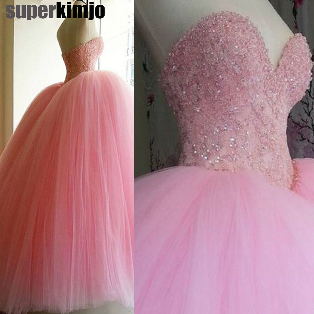 pink prom dresses 2020 sweetheart neckline beaded crystal ball gown puffy tulle evening dresses gowns arabic