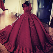 Load image into Gallery viewer, red prom dresses 2020 v neck lace appliques ball gown burgundy evening dresses gowns lace formal dresses robe de soiree