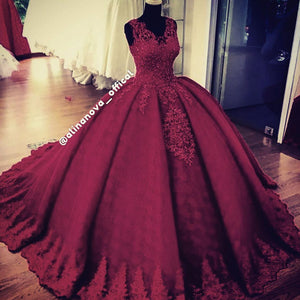 red prom dresses 2020 v neck lace appliques ball gown burgundy evening dresses gowns lace formal dresses robe de soiree