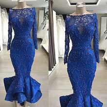 Load image into Gallery viewer, royal blue prom dresses 2021 long sleeve lace pearls beading mermaid long evening dress