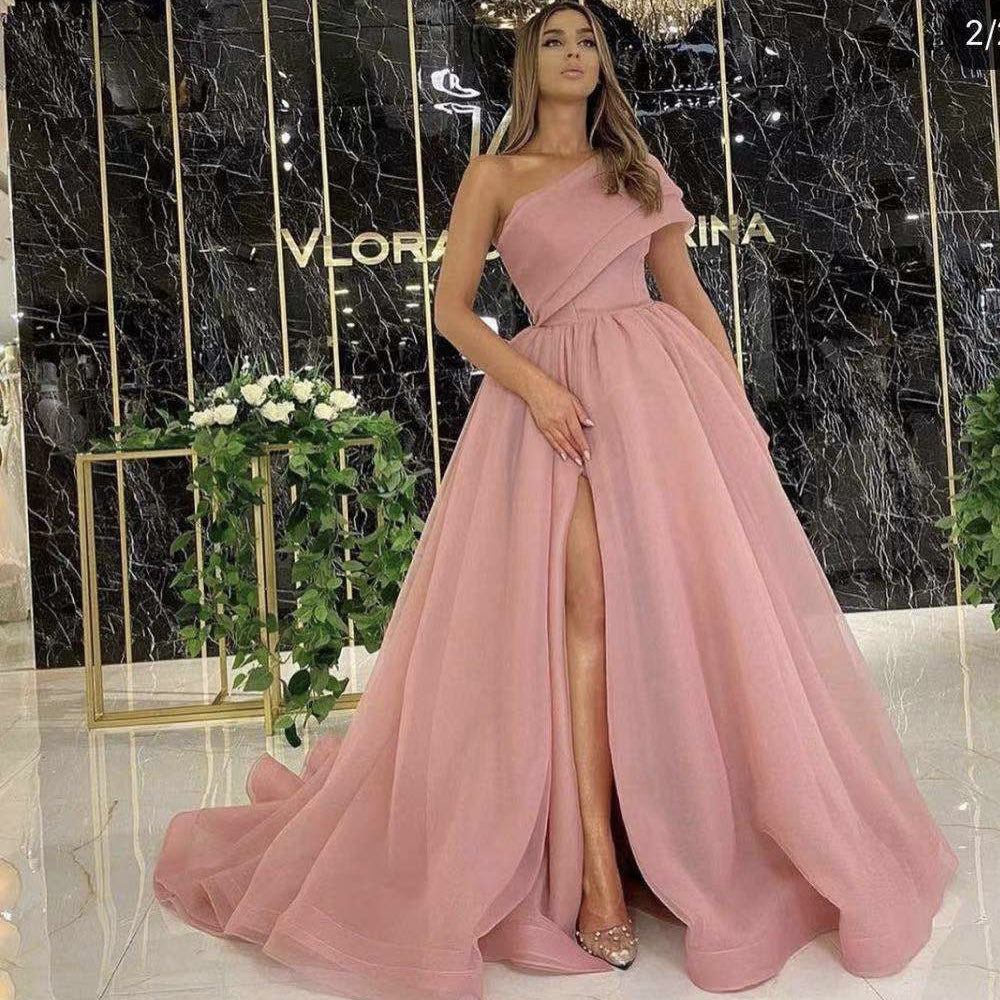 satin prom dresses 2021 pink one shoulder pleats side slit pink long evening dresses gowns