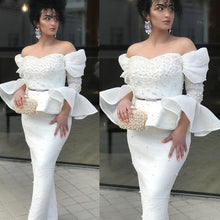Load image into Gallery viewer, white prom dresses 2020 off the shoulder pearls mermaid sheath evening dresses beaded evening gowns long sleeve formal dresses