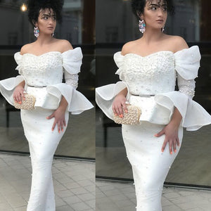 white prom dresses 2020 off the shoulder pearls mermaid sheath evening dresses beaded evening gowns long sleeve formal dresses